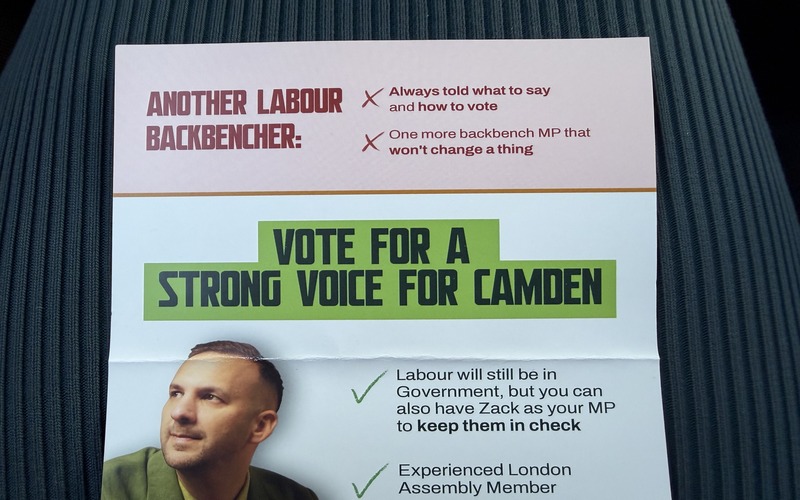 Zack Polanski Green Party campaign leaflet for the Holborn and St Pancras by-election, featuring a portrait of Polanski and the slogan “Vote for a strong voice for Camden.”
