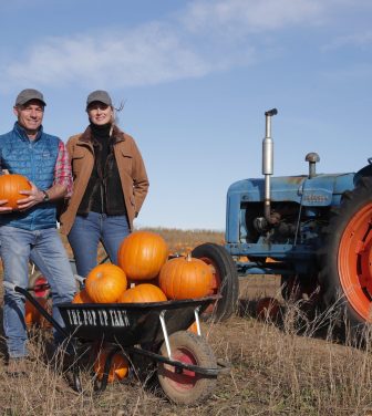 Ian and Gillian Pigott standing beside pumpkins at The Pop Up Farm