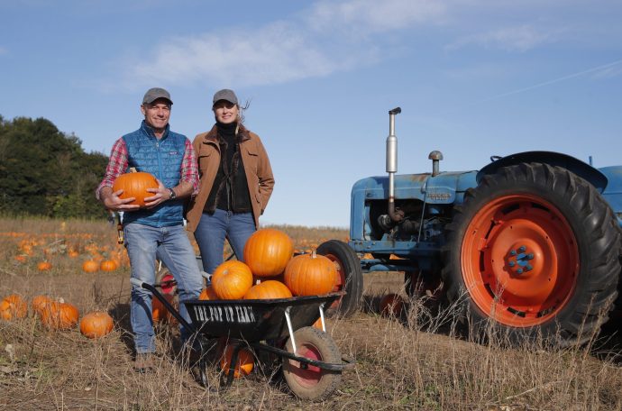 Ian and Gillian Pigott standing beside pumpkins at The Pop Up Farm