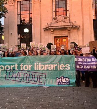 Protestors against library budget cuts outside Islington Town Hall