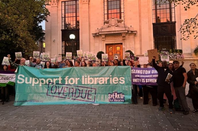 Protestors against library budget cuts outside Islington Town Hall