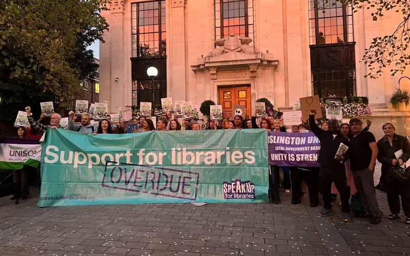 Protestors against library budget cuts outside Islington Town Hall